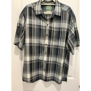 Tommy Bahama Shirt Large 100% Silk Button Up Short Sleeve Blue Gray Tan